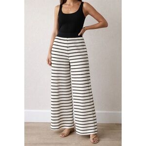 Gemma & Jane Striped Black and White Crochet Knit Wide-Leg Pull On Pants